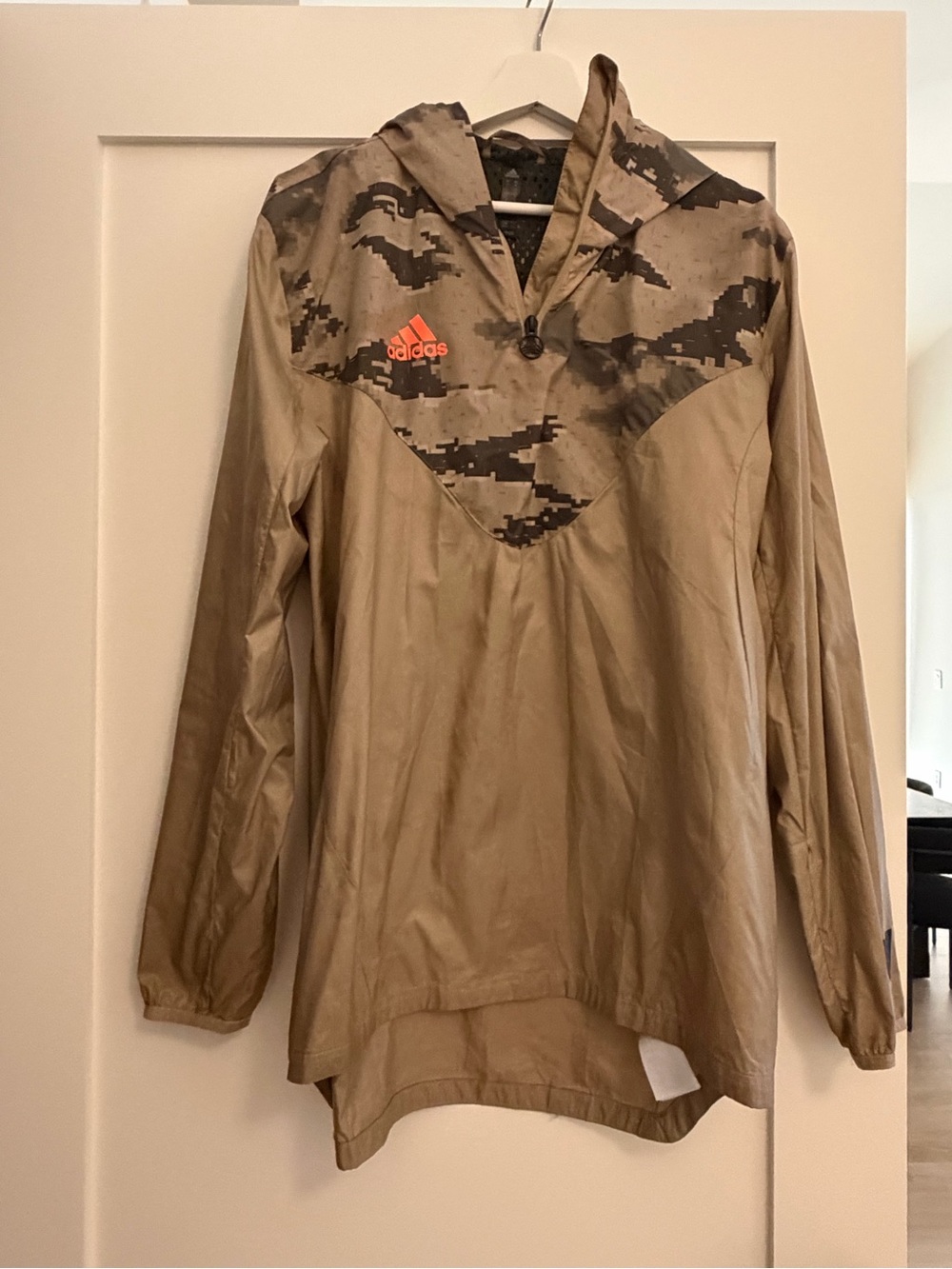 adidas Tan Camo Hooded Windbreaker with Orange Logo